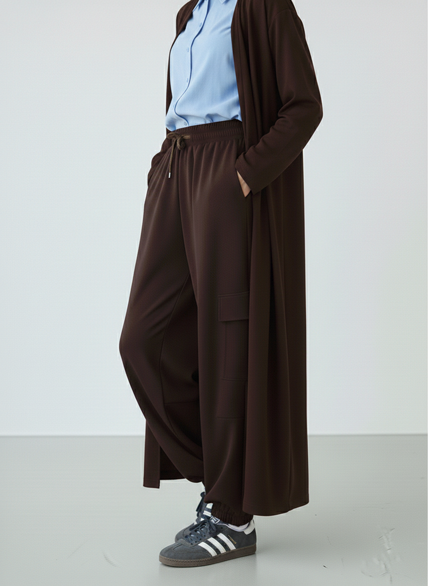 Oversize Lastik Paçalı Kargo Pantolon - Kahverengi